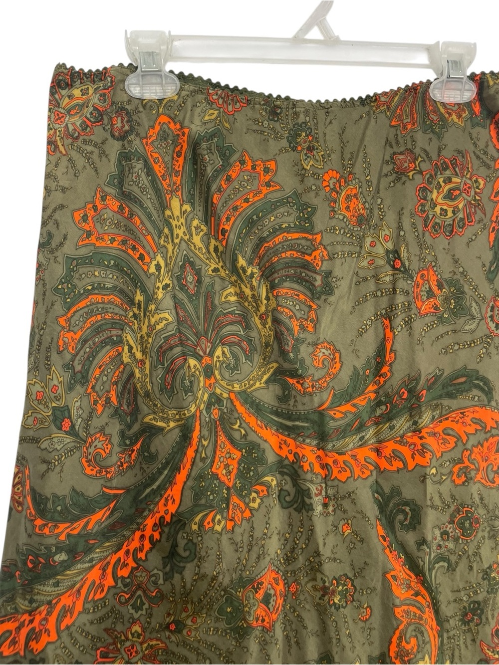 NY&Co. 100% Silk Midi Skirt Paisley 90s Olive Boho Earthtone Witchy LG Grunge - Picture 4 of 13